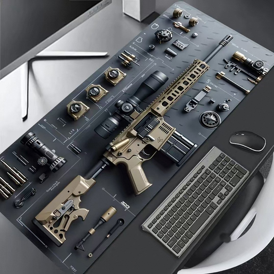 Cool Military Weapon Build Weapon Parts Display Stor musmatta för spel, snyggt skrivbordsskydd med halkfritt gummi, flera storlekar för bärbar dator och skrivbord
