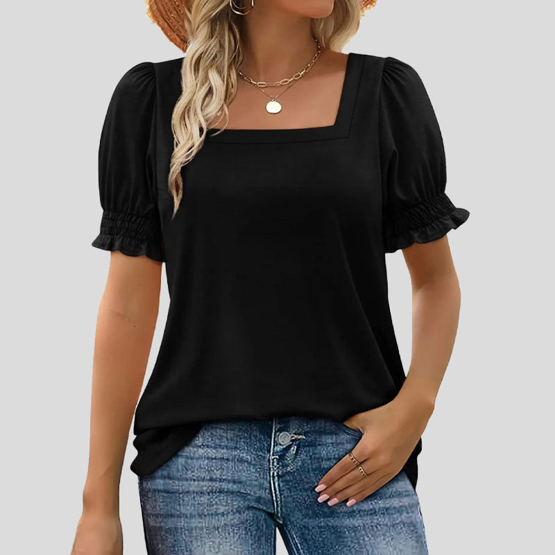 âłLimited time saleđžKvinnors T-shirt med fyrkantig hals och smockad Ă€rm Casual Topi