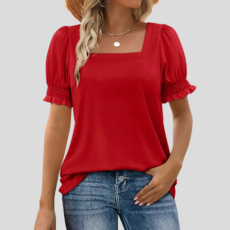 âłLimited time saleđžKvinnors T-shirt med fyrkantig hals och smockad Ă€rm Casual Topi