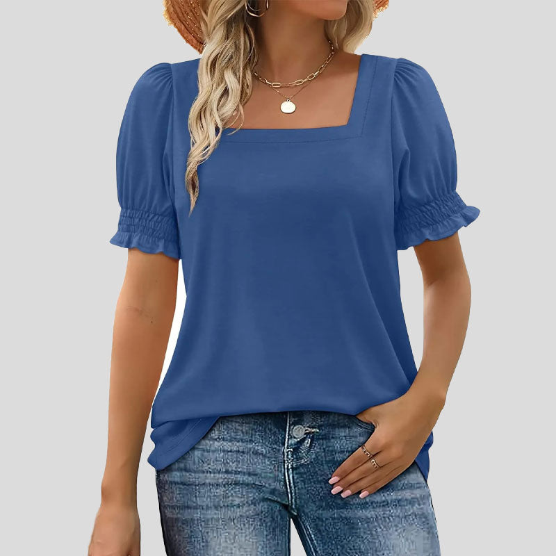 âłLimited time saleđžKvinnors T-shirt med fyrkantig hals och smockad Ă€rm Casual Topi