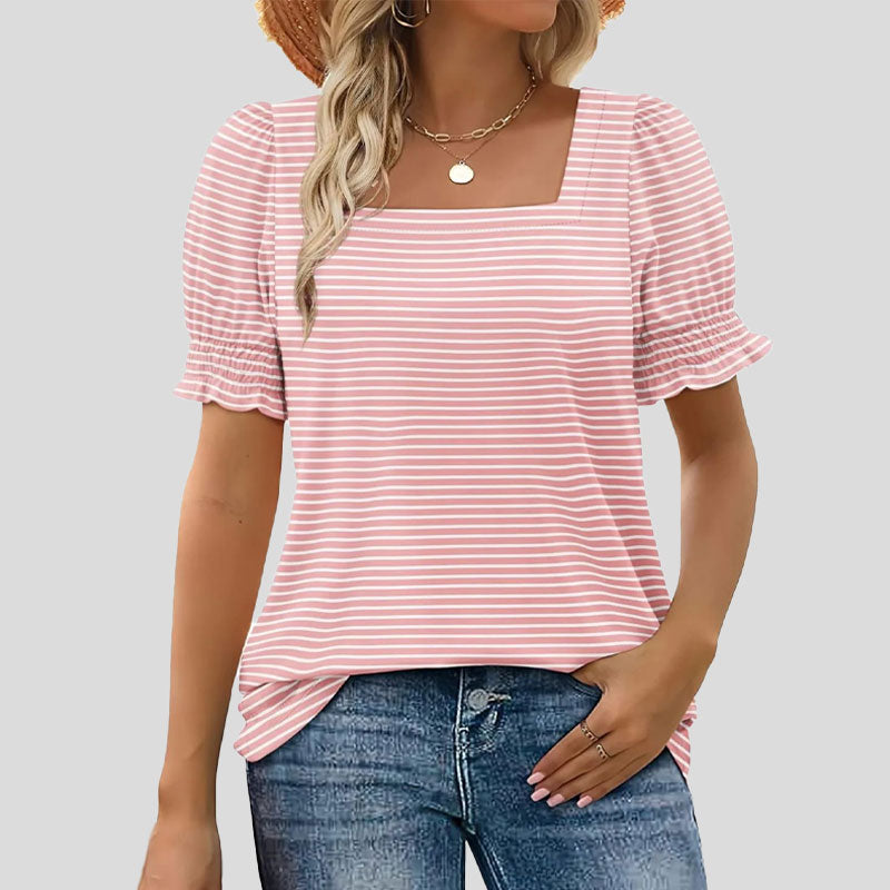 âłLimited time saleđžKvinnors T-shirt med fyrkantig hals och smockad Ă€rm Casual Topi