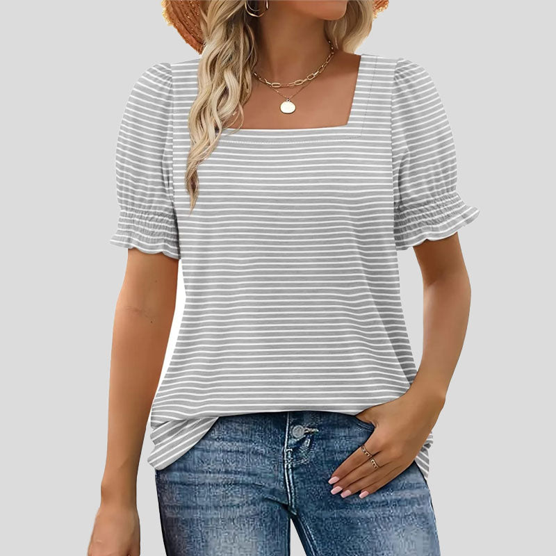âłLimited time saleđžKvinnors T-shirt med fyrkantig hals och smockad Ă€rm Casual Topi