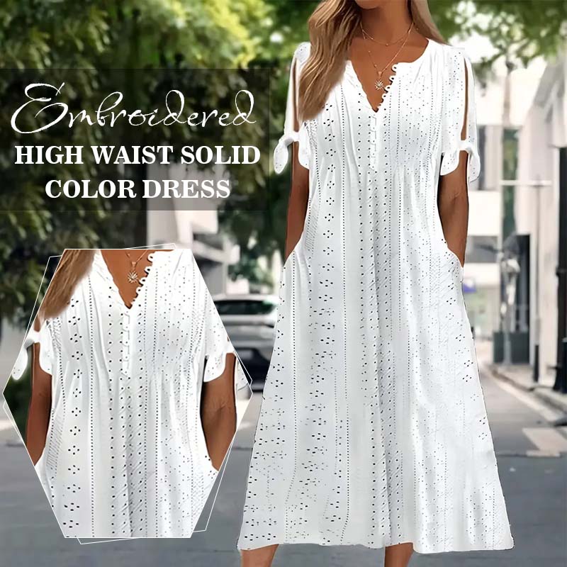 đ·Broderad EnfĂ€rgad KlĂ€nning Med Hög Midja đż/Embroidered high waist solid color dress