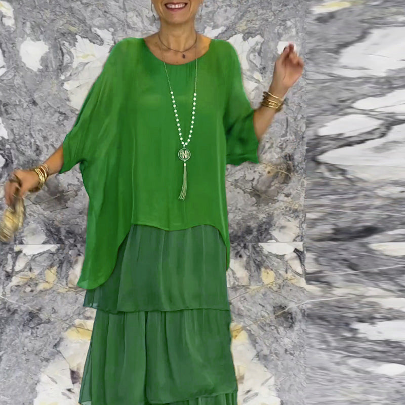 Künstlerisches Lockeres Kleid/Chiffon mesh dolmanärmad långklänning med rund hals