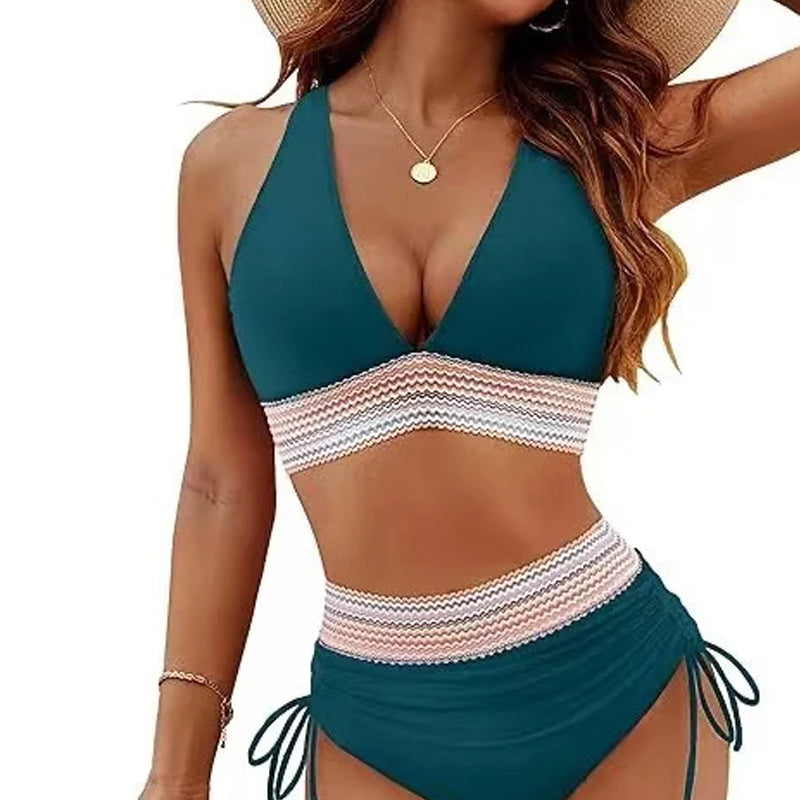 Bikiniset med hög midja och magkontroll i färgblockerade färger
