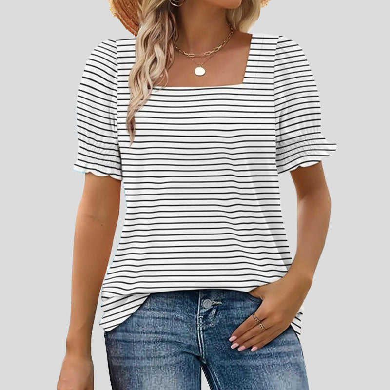 âłLimited time saleđžKvinnors T-shirt med fyrkantig hals och smockad Ă€rm Casual Topi