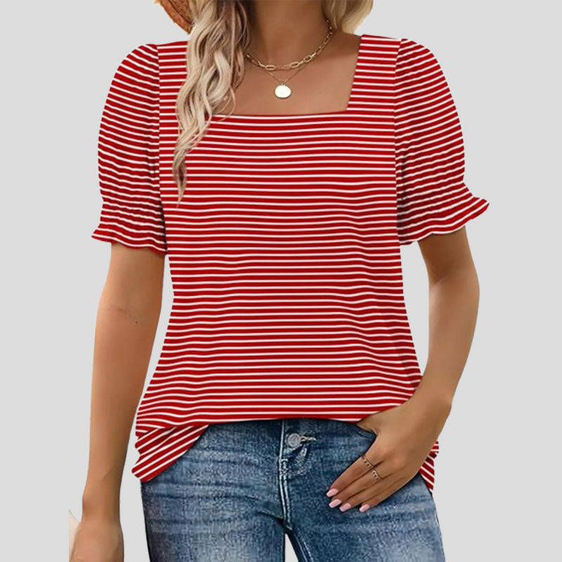 âłLimited time saleđžKvinnors T-shirt med fyrkantig hals och smockad Ă€rm Casual Topi