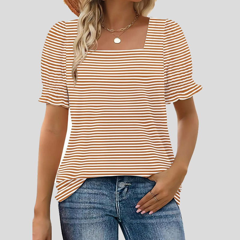 âłLimited time saleđžKvinnors T-shirt med fyrkantig hals och smockad Ă€rm Casual Topi