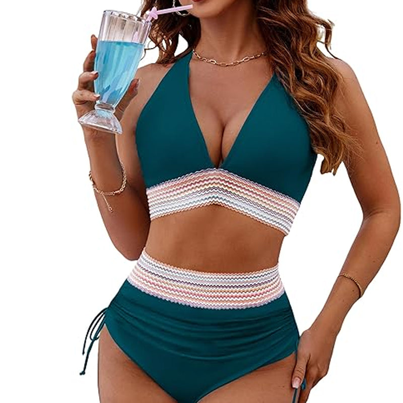 Bikiniset med hög midja och magkontroll i färgblockerade färger