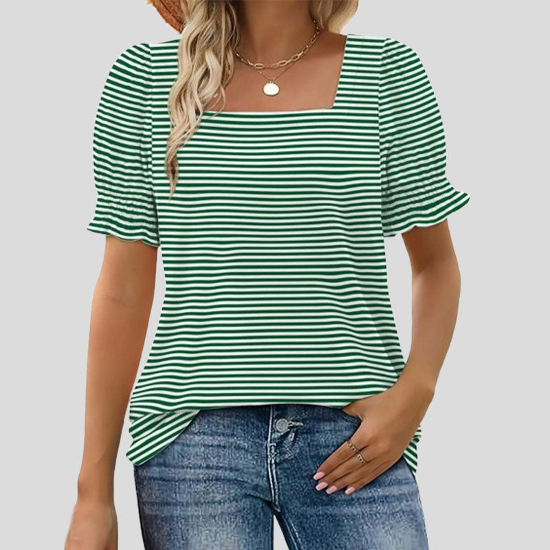 âłLimited time saleđžKvinnors T-shirt med fyrkantig hals och smockad Ă€rm Casual Topi