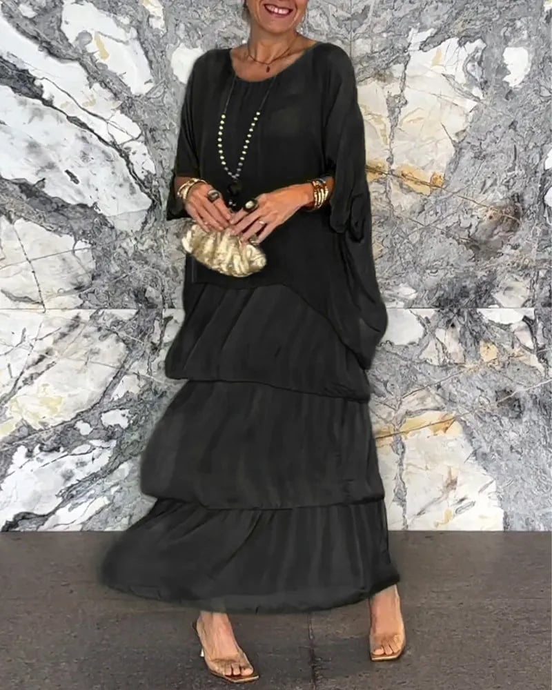 Künstlerisches Lockeres Kleid/Chiffon mesh dolmanärmad långklänning med rund hals