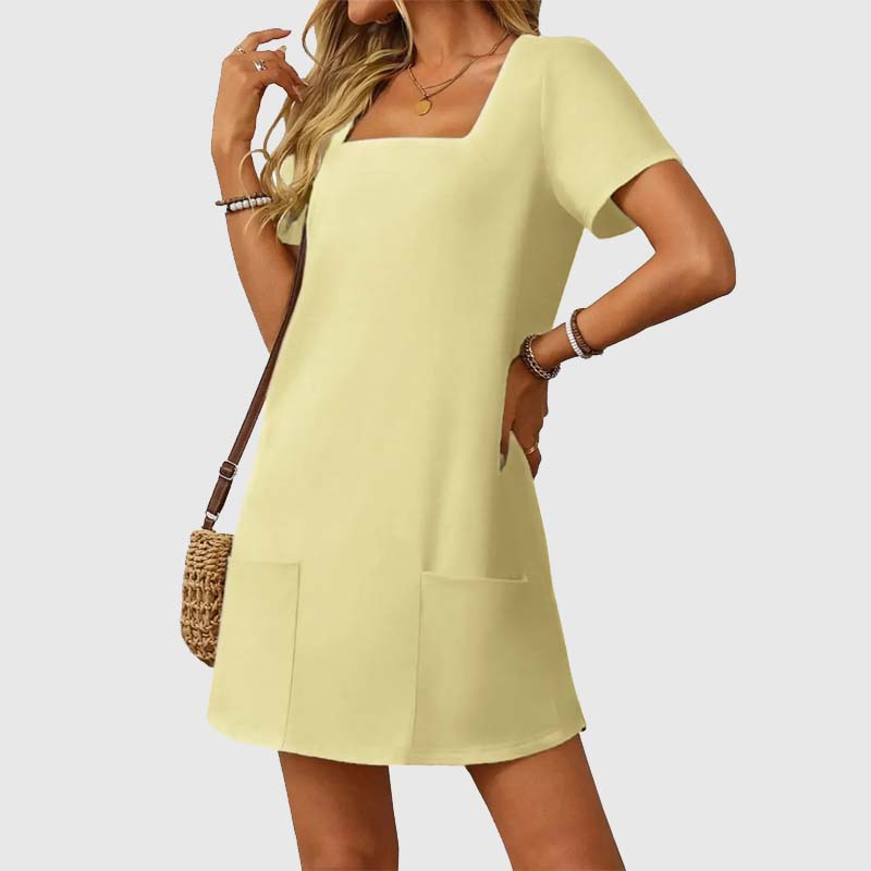 đâłKvinnor Casual Square Neck Pocket KortĂ€rmad klĂ€nning med fickor