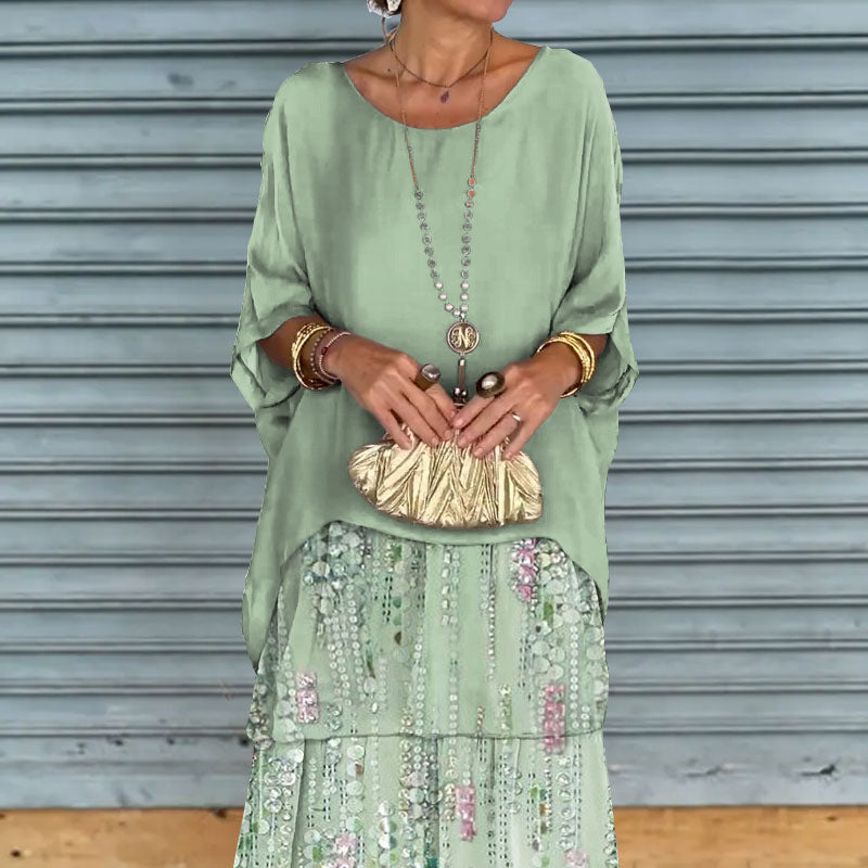 Künstlerisches Lockeres Kleid/Chiffon mesh dolmanärmad långklänning med rund hals