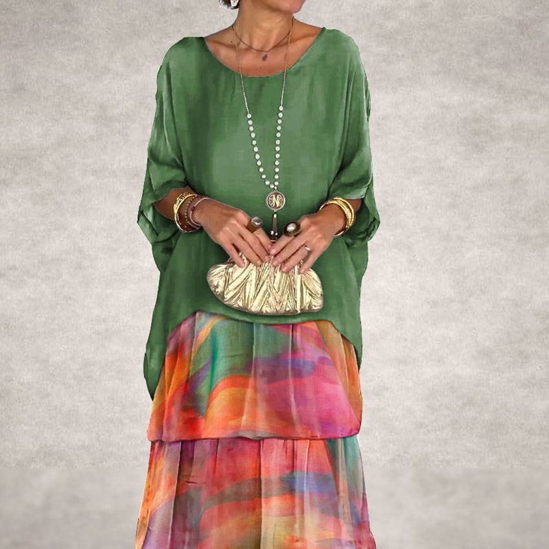 Künstlerisches Lockeres Kleid/Chiffon mesh dolmanärmad långklänning med rund hals