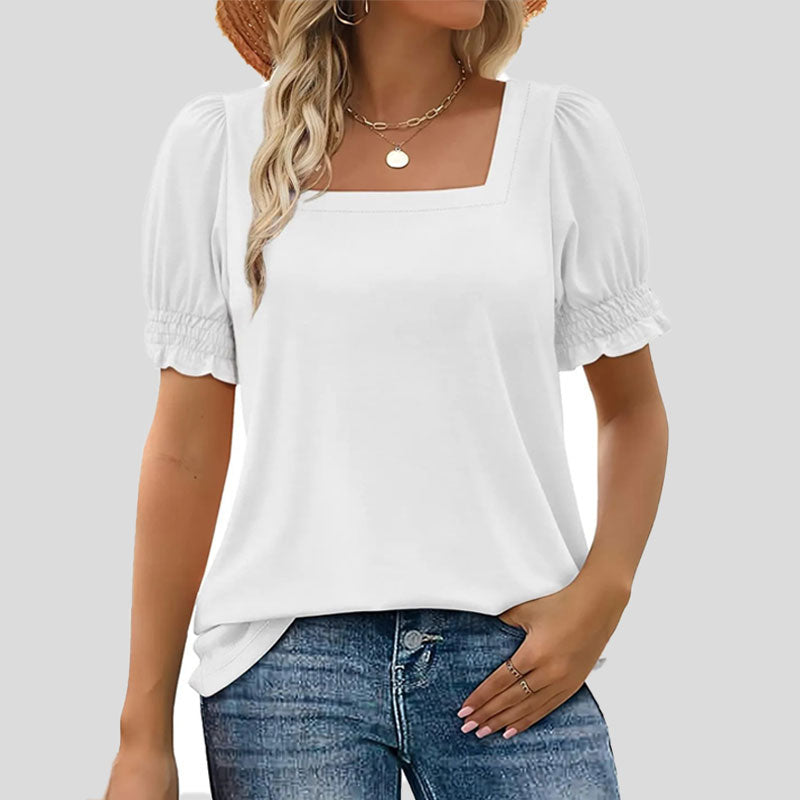 âłLimited time saleđžKvinnors T-shirt med fyrkantig hals och smockad Ă€rm Casual Topi