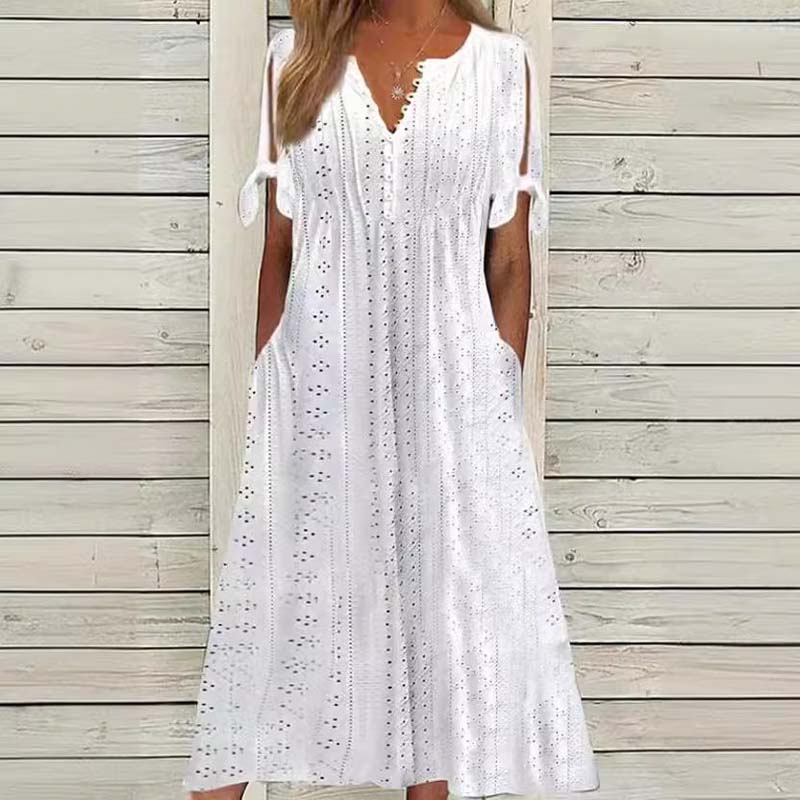 đ·Broderad EnfĂ€rgad KlĂ€nning Med Hög Midja đż/Embroidered high waist solid color dress