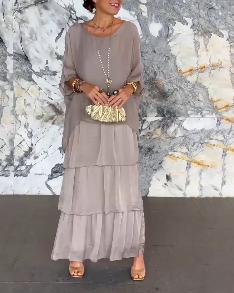 Künstlerisches Lockeres Kleid/Chiffon mesh dolmanärmad långklänning med rund hals