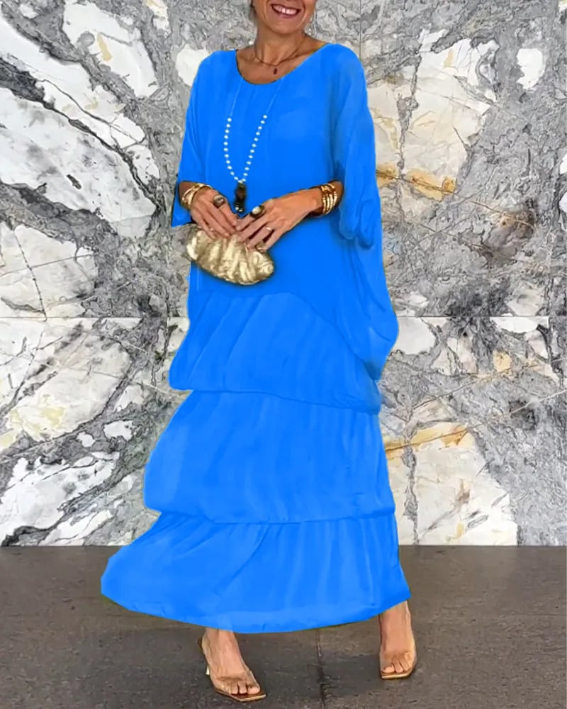 Künstlerisches Lockeres Kleid/Chiffon mesh dolmanärmad långklänning med rund hals