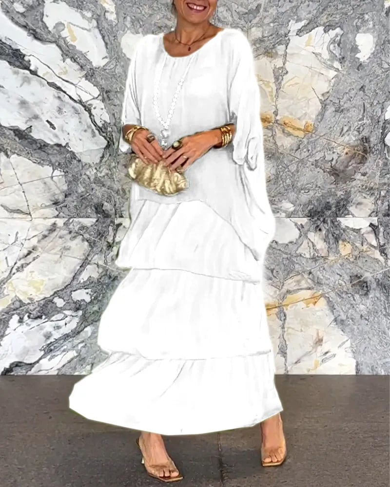 Künstlerisches Lockeres Kleid/Chiffon mesh dolmanärmad långklänning med rund hals