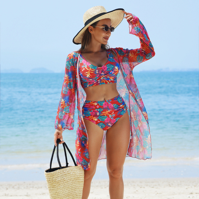 Fashionable multi-coloured printed 3-piece bikini swimsuit set for women