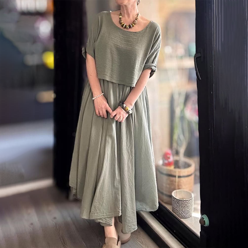 đâšBekvĂ€mt och elegant tvĂ„delat set med blus med rund hals och kjol i bomull och linne för kvinnor