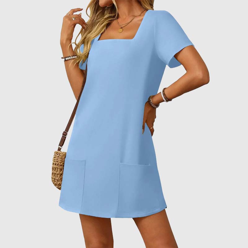 🎁⏳Kvinnor Casual Square Neck Pocket Kortärmad klänning med fickor