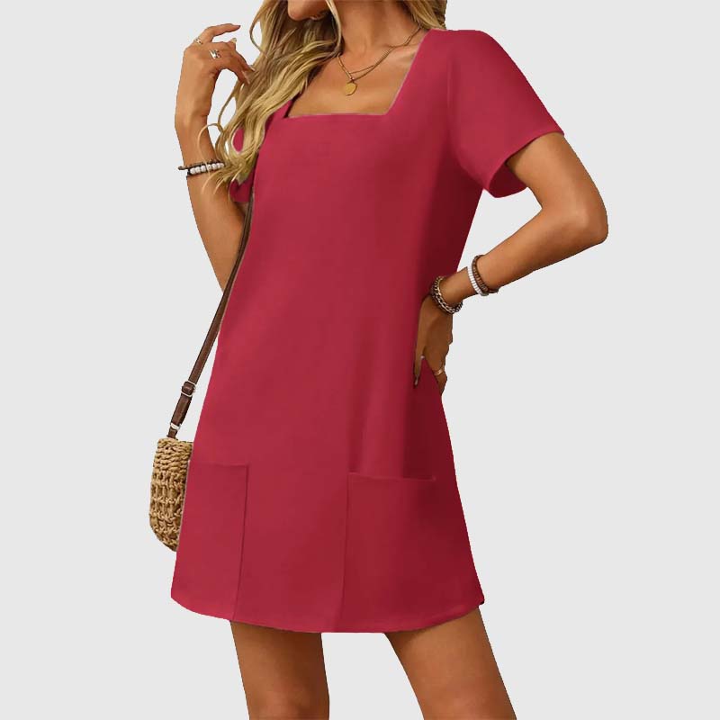🎁⏳Kvinnor Casual Square Neck Pocket Kortärmad klänning med fickor