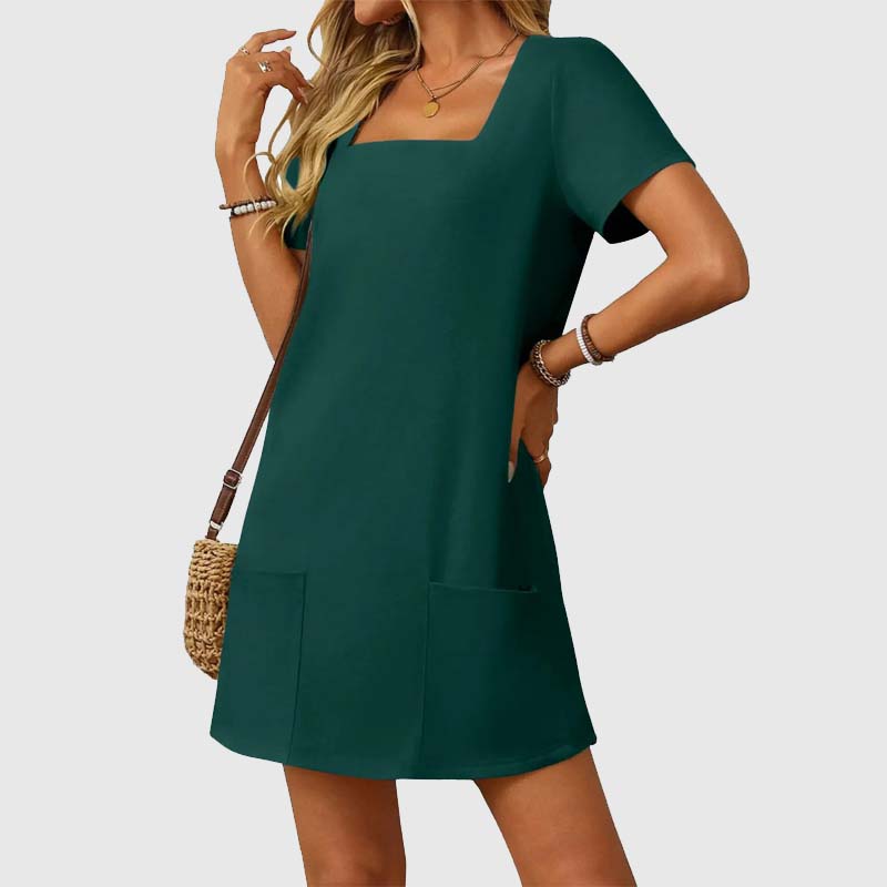 🎁⏳Kvinnor Casual Square Neck Pocket Kortärmad klänning med fickor