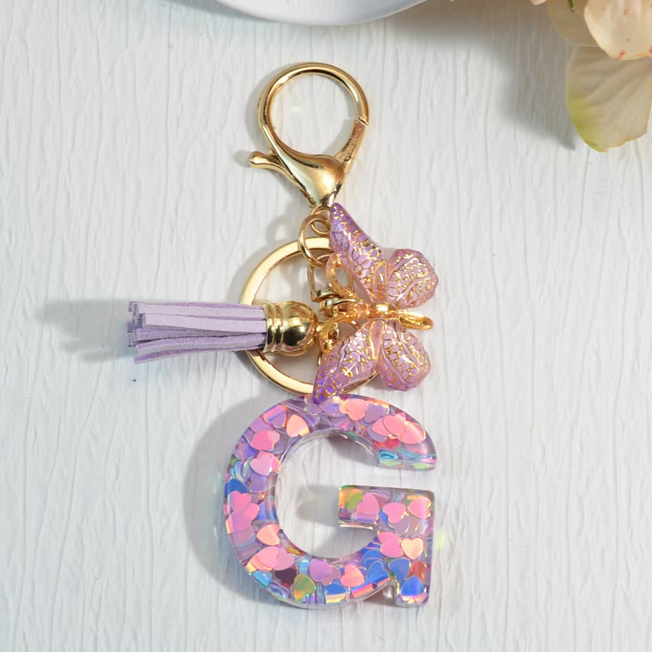 Nyckelring med hjärta, paljetter, engelska alfabetet