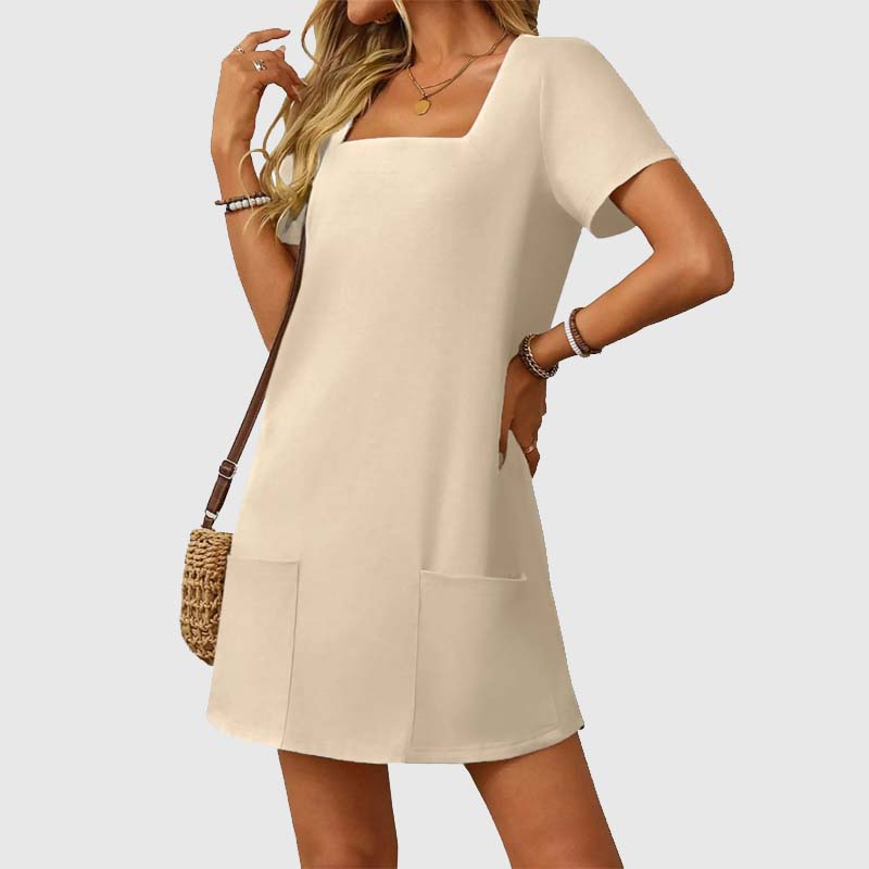 🎁⏳Kvinnor Casual Square Neck Pocket Kortärmad klänning med fickor