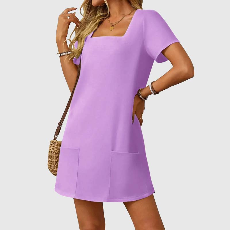 🎁⏳Kvinnor Casual Square Neck Pocket Kortärmad klänning med fickor