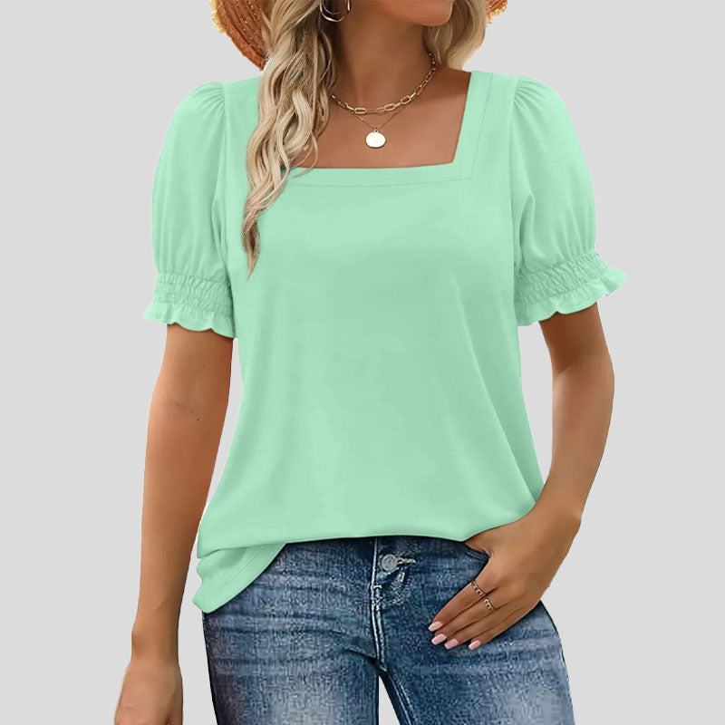 ⏳Limited time sale🌸Kvinnors T-shirt med fyrkantig hals och smockad ärm Casual Topi