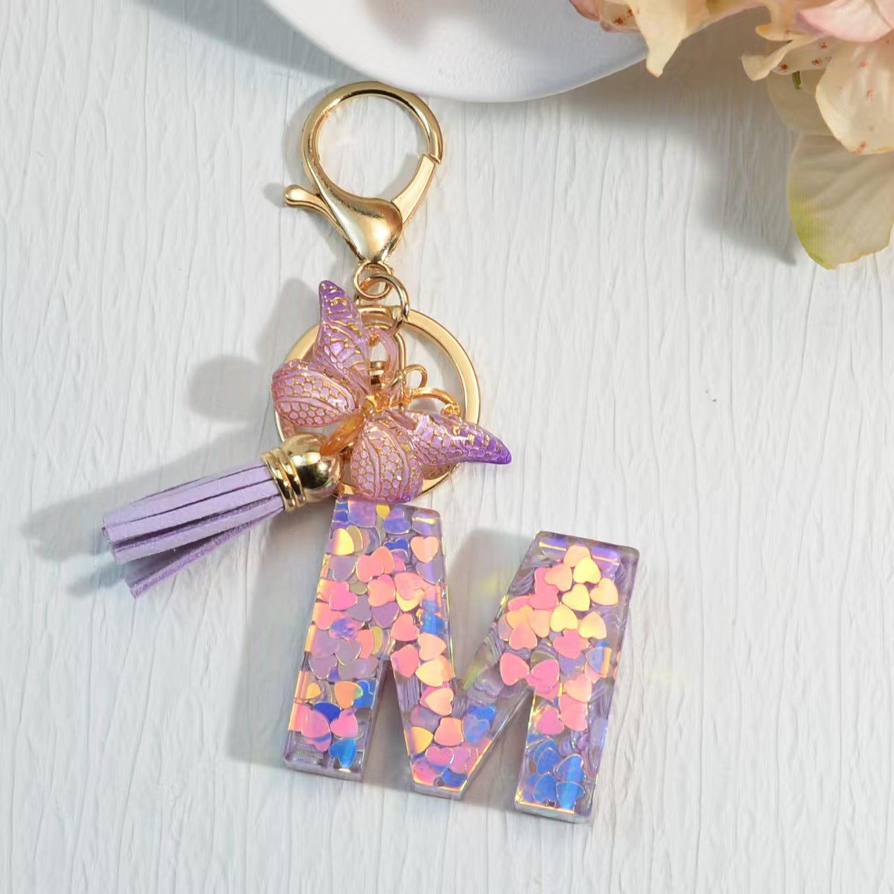 Nyckelring med hjärta, paljetter, engelska alfabetet