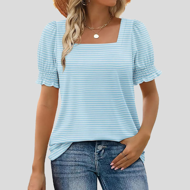 ⏳Limited time sale🌸Kvinnors T-shirt med fyrkantig hals och smockad ärm Casual Topi
