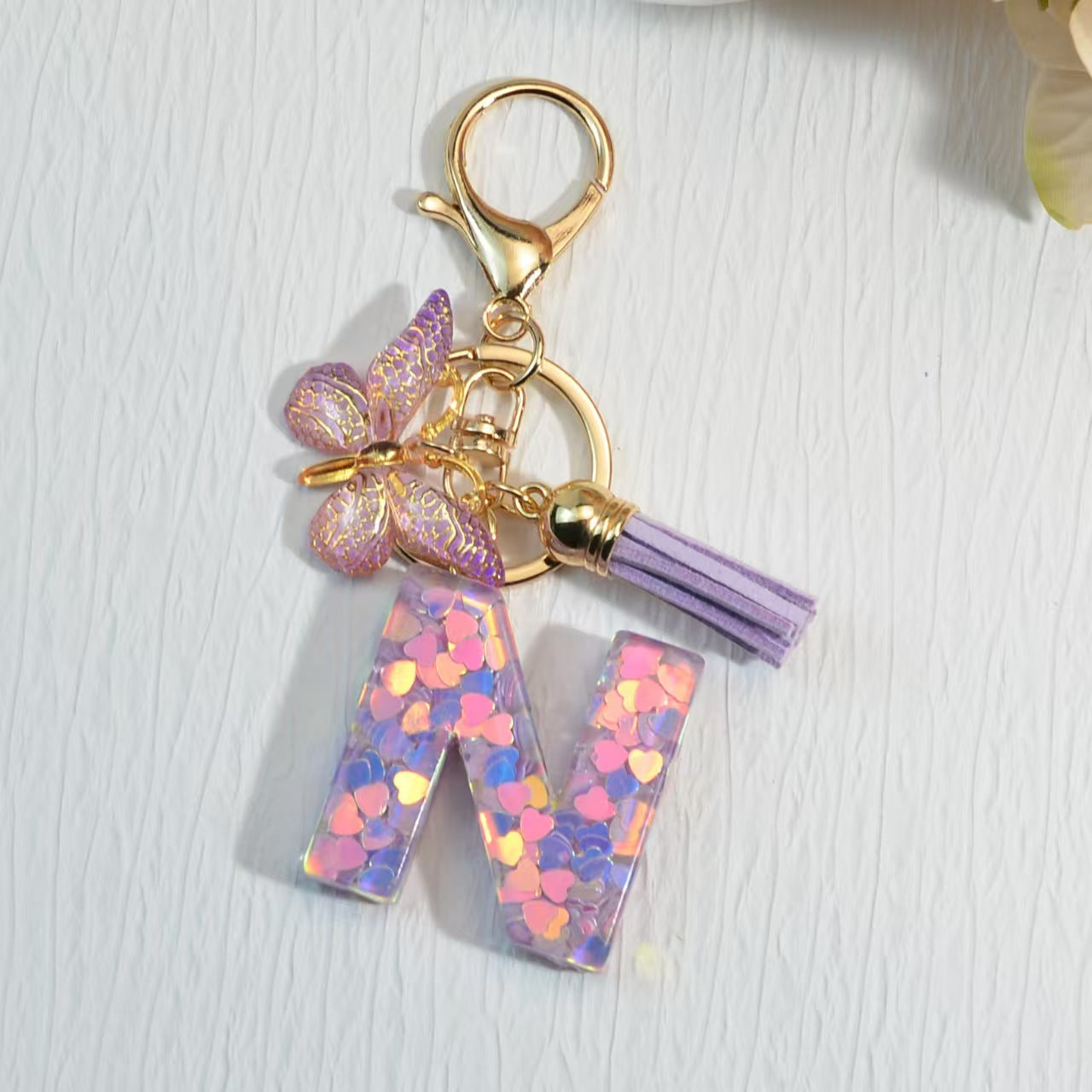 Nyckelring med hjärta, paljetter, engelska alfabetet