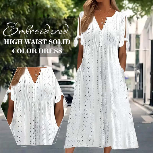 🌷Broderad Enfärgad Klänning Med Hög Midja 🌿/Embroidered high waist solid color dress