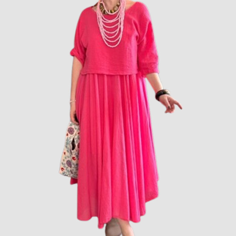 💐✨Bekvämt och elegant tvådelat set med blus med rund hals och kjol i bomull och linne för kvinnor