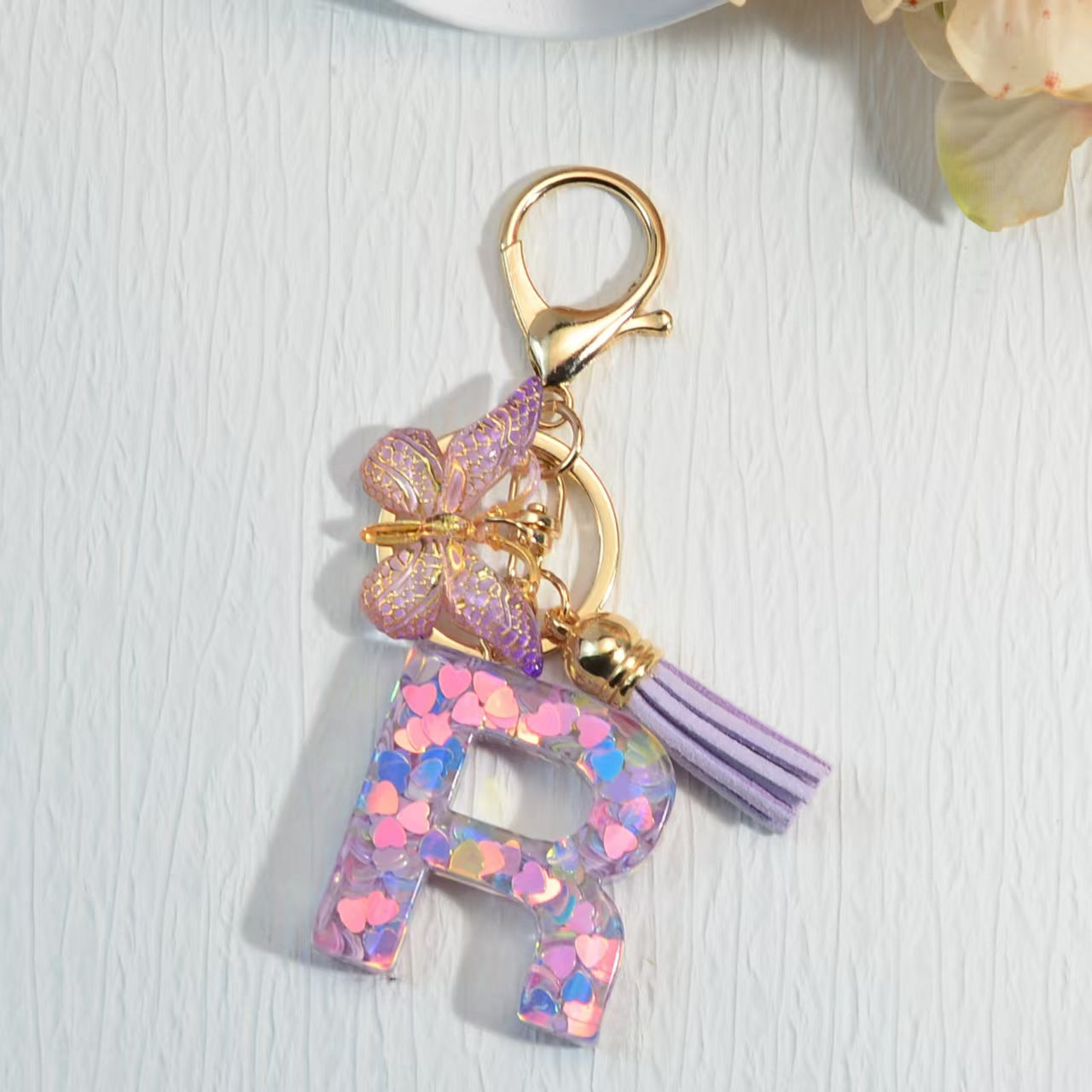 Nyckelring med hjärta, paljetter, engelska alfabetet