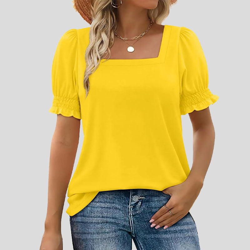 ⏳Limited time sale🌸Kvinnors T-shirt med fyrkantig hals och smockad ärm Casual Topi
