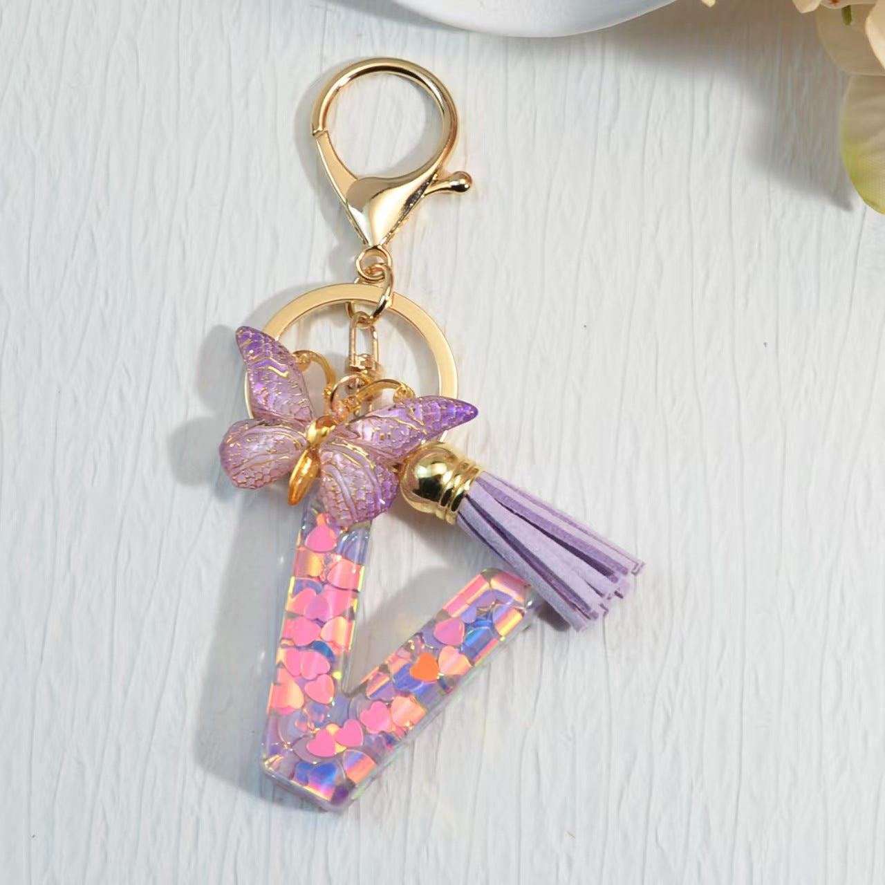 Nyckelring med hjärta, paljetter, engelska alfabetet