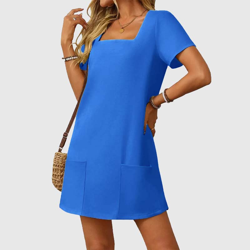 🎁⏳Kvinnor Casual Square Neck Pocket Kortärmad klänning med fickor
