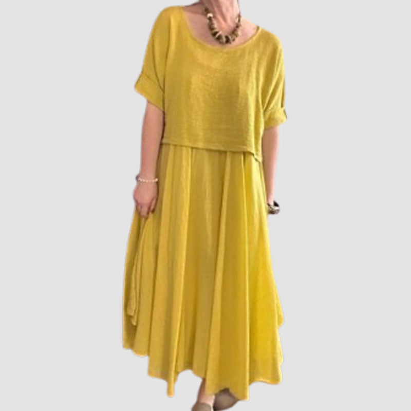 💐✨Bekvämt och elegant tvådelat set med blus med rund hals och kjol i bomull och linne för kvinnor