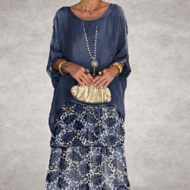 Künstlerisches Lockeres Kleid/Chiffon mesh dolmanärmad långklänning med rund hals