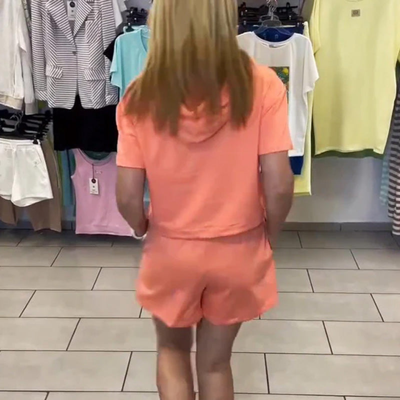 Sommardräkt Med Huva Och Kortärmade Shorts För Kvinno