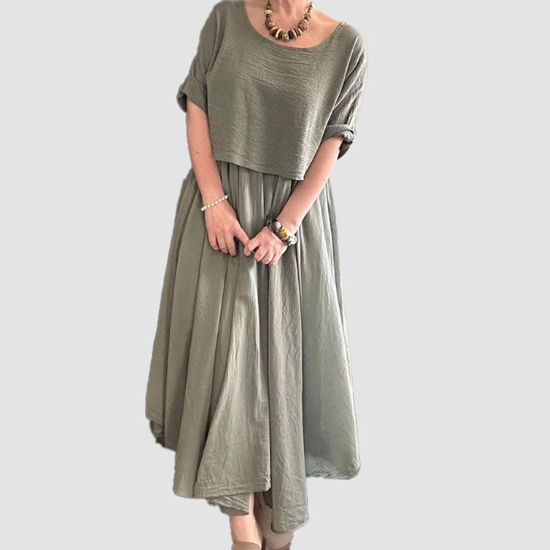 💐✨Bekvämt och elegant tvådelat set med blus med rund hals och kjol i bomull och linne för kvinnor