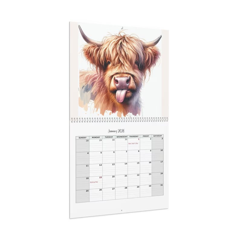 🐮Highland Cow Kalender 2026 – Rustik lantlig väggkonst & månadsplanerare