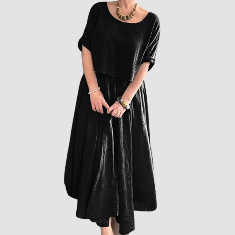 💐✨Bekvämt och elegant tvådelat set med blus med rund hals och kjol i bomull och linne för kvinnor