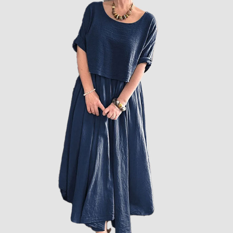 💐✨Bekvämt och elegant tvådelat set med blus med rund hals och kjol i bomull och linne för kvinnor