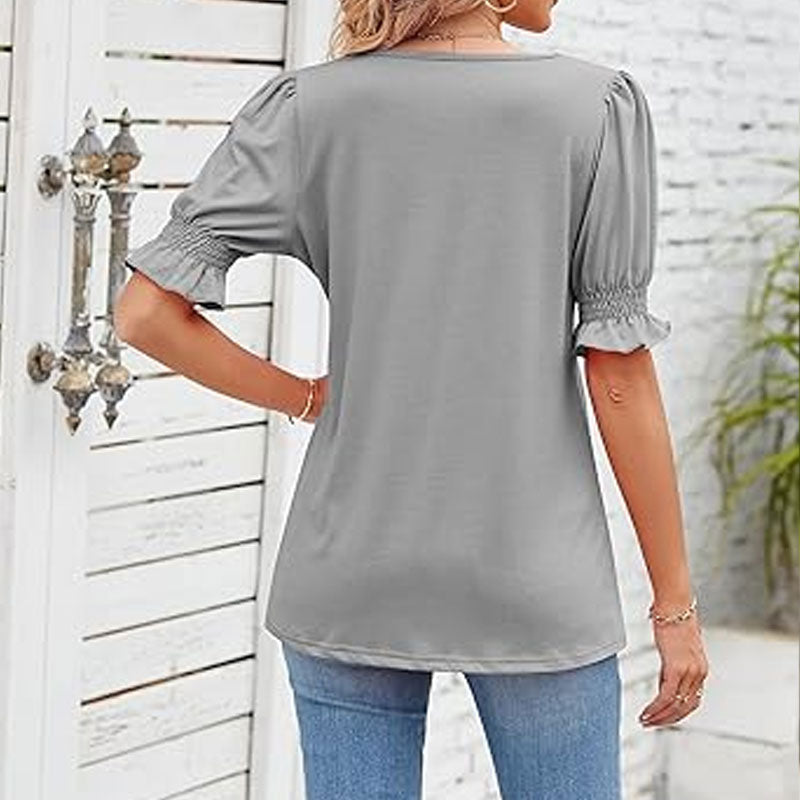 ⏳Limited time sale🌸Kvinnors T-shirt med fyrkantig hals och smockad ärm Casual Topi