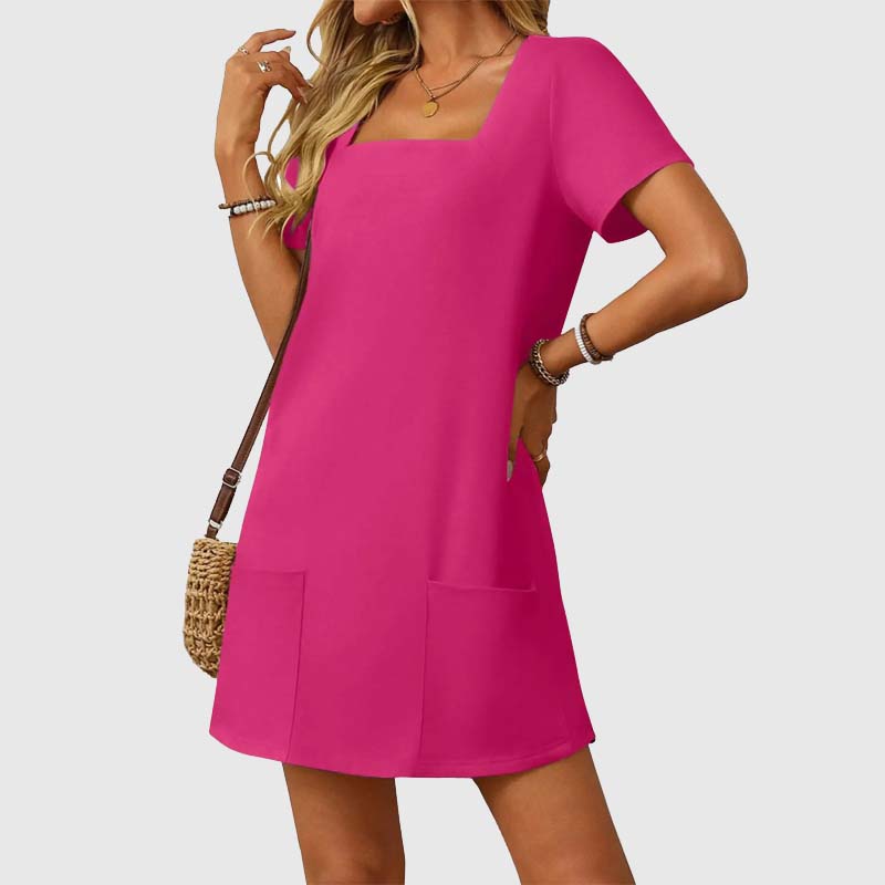 🎁⏳Kvinnor Casual Square Neck Pocket Kortärmad klänning med fickor